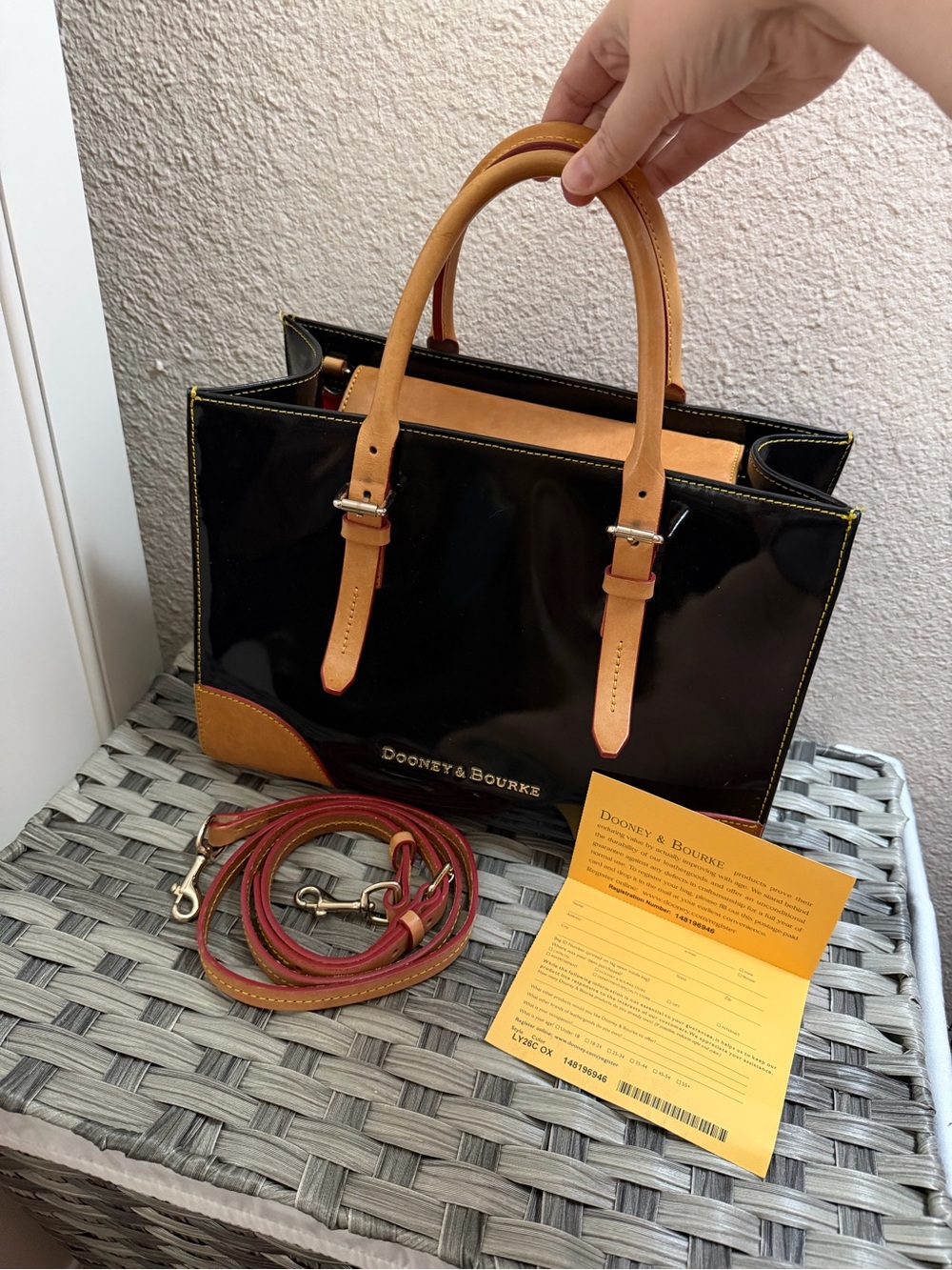 Dooney & Bourke Janine Black Patent Leather Satchel Tote Bag w/ Leather Handles